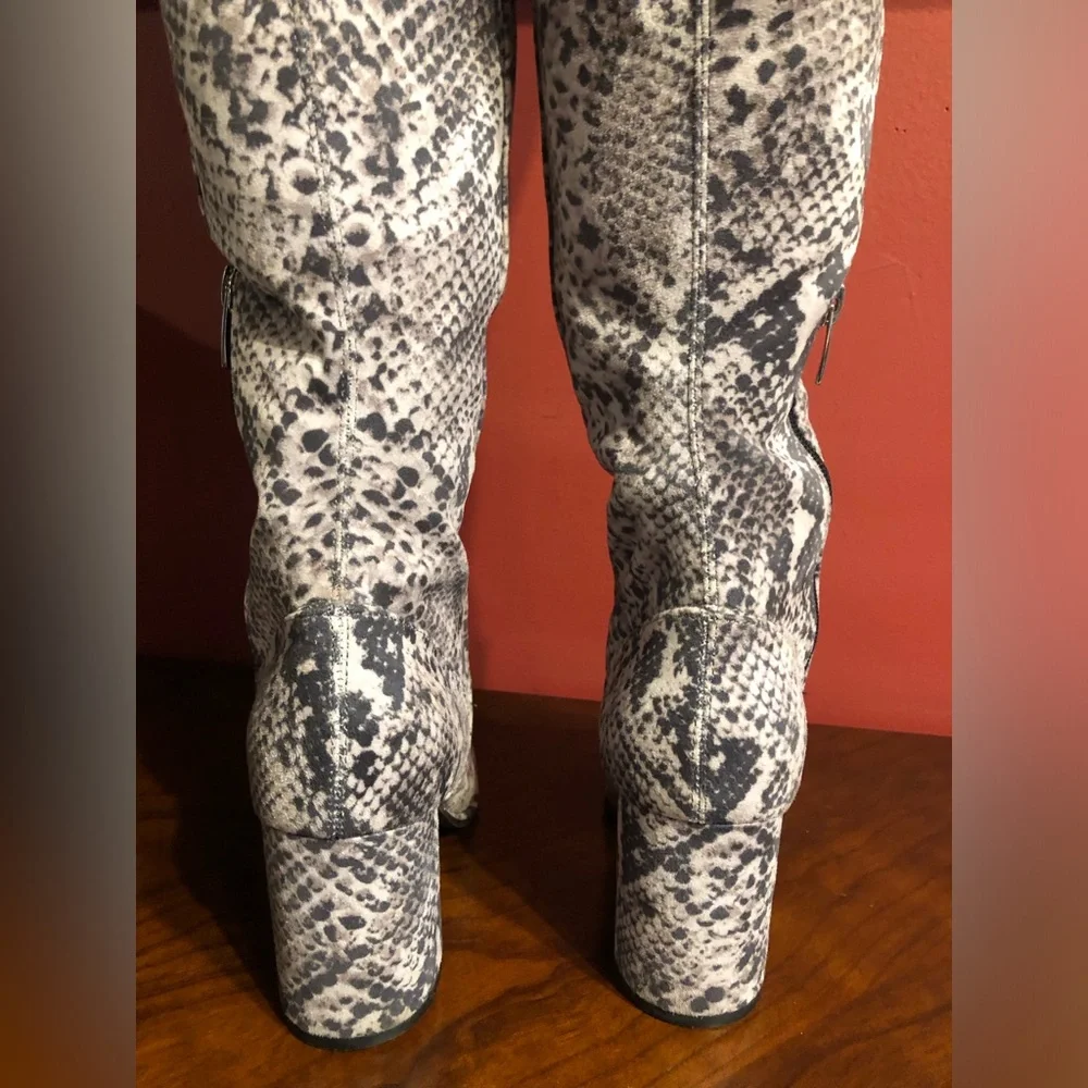 Snake-Print Over-the-Knee Block Heel Boots - Women